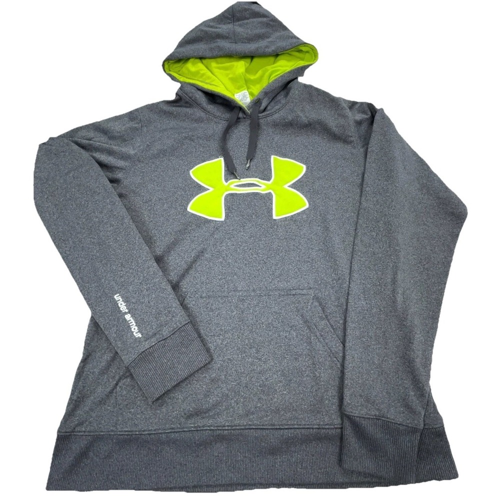 Under Armor Hoodie Women Small Gray Yellow Sweatshirt Sweater Big Logo‎ Neon
